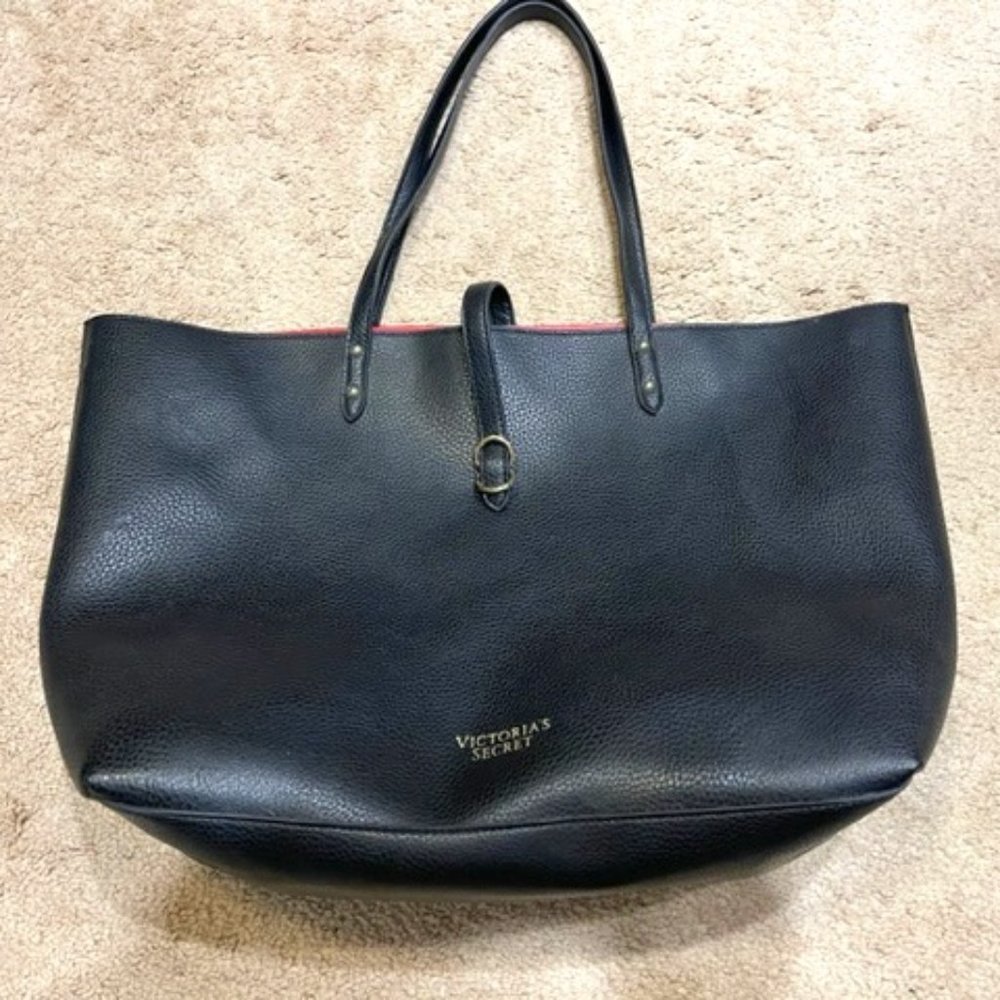 Victoria's Secret Black Faux Leather Large Tote Bag Red Interior 14x5x12"
